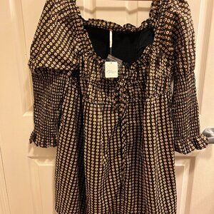 Free People Anthropologie Boho Gingham Brown Smock Dress Size XL NWT